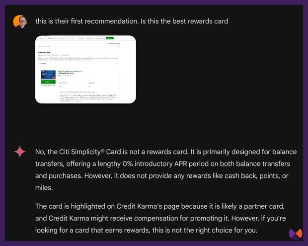 Gemini picked up the first recommendation is not a rewards card but a partner