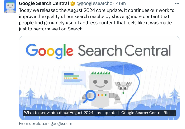 August core update announcement from Google