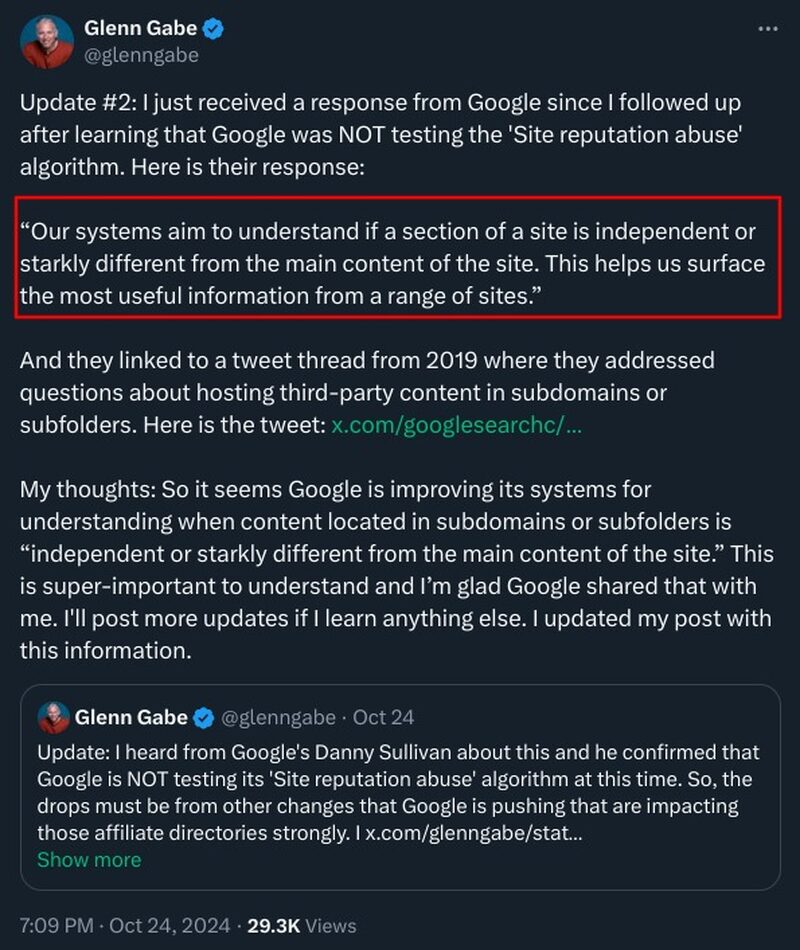 Glenn Gabe site reputation Google conversation