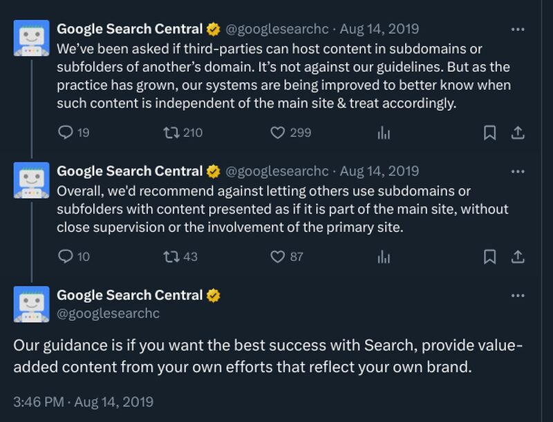 Google 2019 tweet about subdomains and subfolders that don't add value.